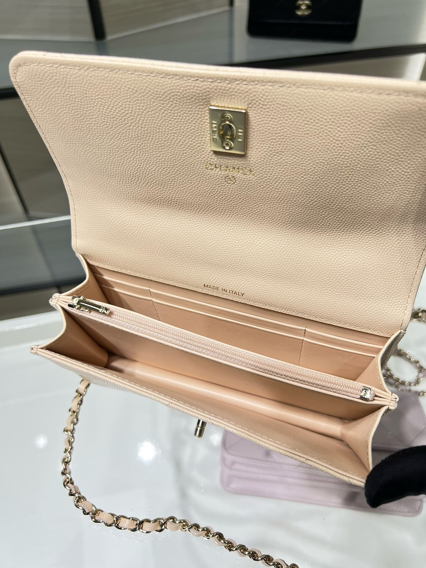 Ch*el flap bag with top handle wallet on chain 11x18.5x6cm