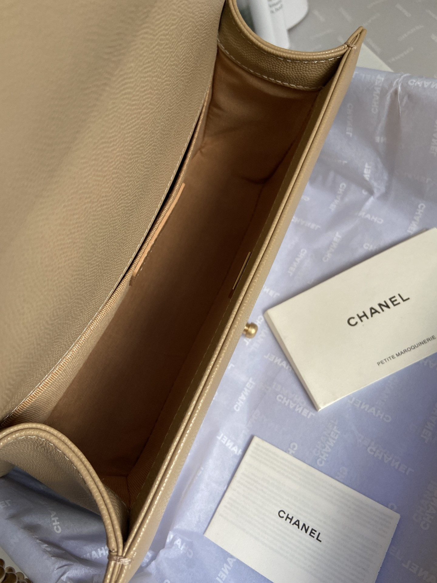 boy Ch*el handbag shiny grained calfskin brown 5.9 × 9.8 × 3.5 in